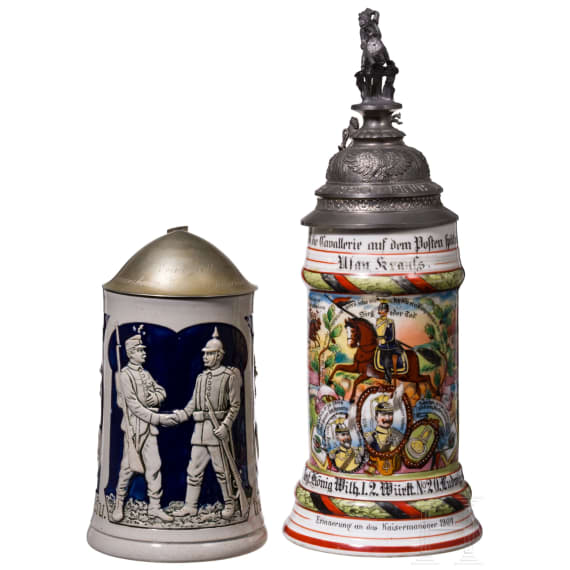 Three reservist mugs of the W&uuml;rttemberg Uhlan Rgt. "King Wilhelm" and a commemorative mug "War Christmas 1915"