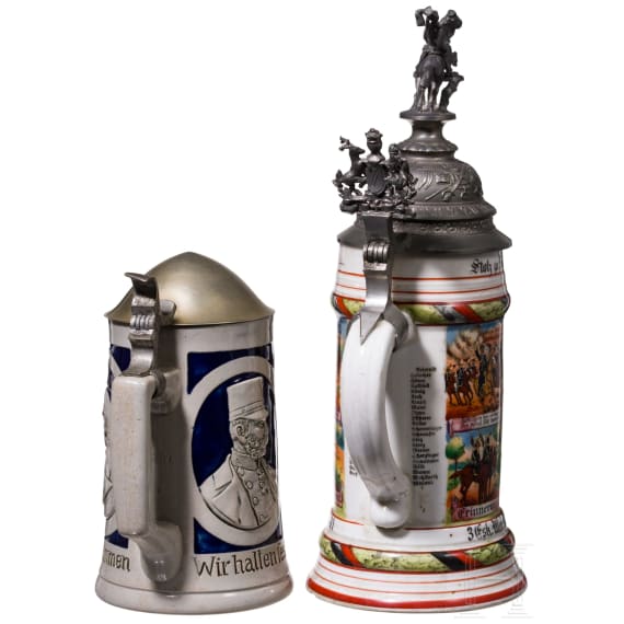 Three reservist mugs of the W&uuml;rttemberg Uhlan Rgt. "King Wilhelm" and a commemorative mug "War Christmas 1915"