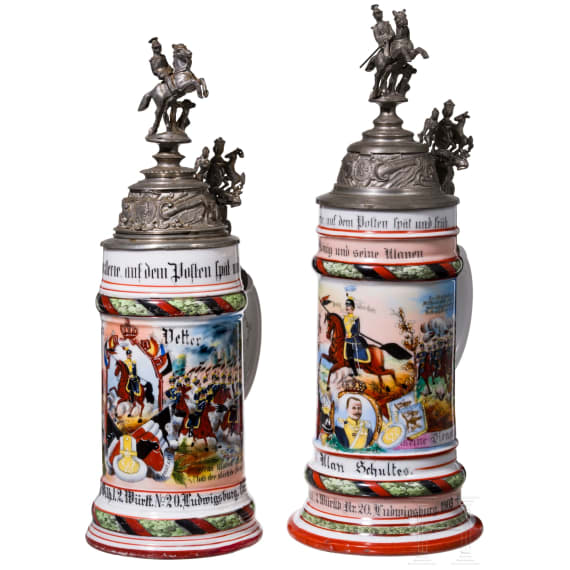 Three reservist mugs of the W&uuml;rttemberg Uhlan Rgt. "King Wilhelm" and a commemorative mug "War Christmas 1915"
