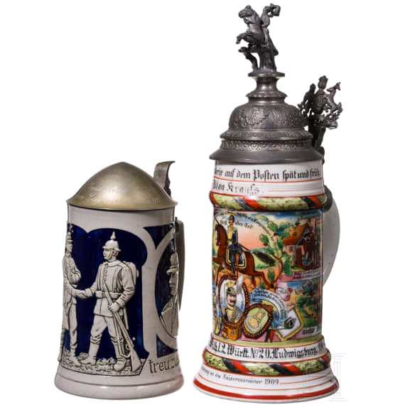 Three reservist mugs of the W&uuml;rttemberg Uhlan Rgt. "King Wilhelm" and a commemorative mug "War Christmas 1915"