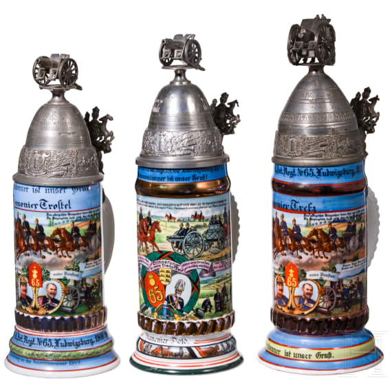 Three reservist mugs of the W&uuml;rtt. Field. Art. Regt. No. 65 Ludwigsburg