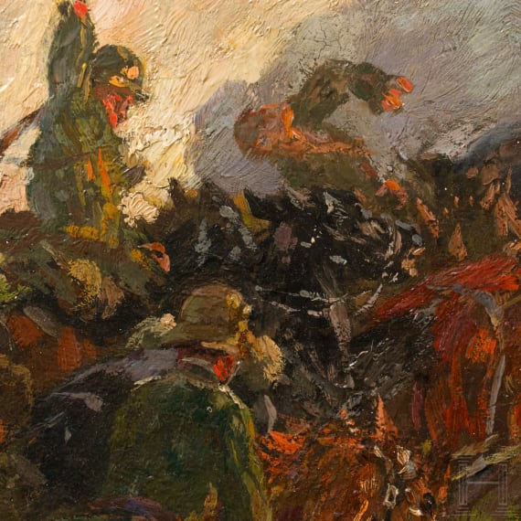 Theodor Rocholl (1854 - 1933), Artillery on horseback in battle, dated 1925