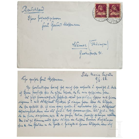 Maximilian Prinz und Markgraf von Baden (1867 - 1929) - eigenh&auml;ndig geschriebene Karte mit an die Sammlerin adressierten Kuvert 1924