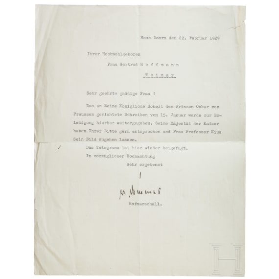 Generalleutnant Wilhelm von Dommes (1867 - 1959) - ausf&uuml;hrliches Antwortschreiben vom Wohnsitz der im Exil lebenden Kaiserfamilie an die Sammlerin, 1929