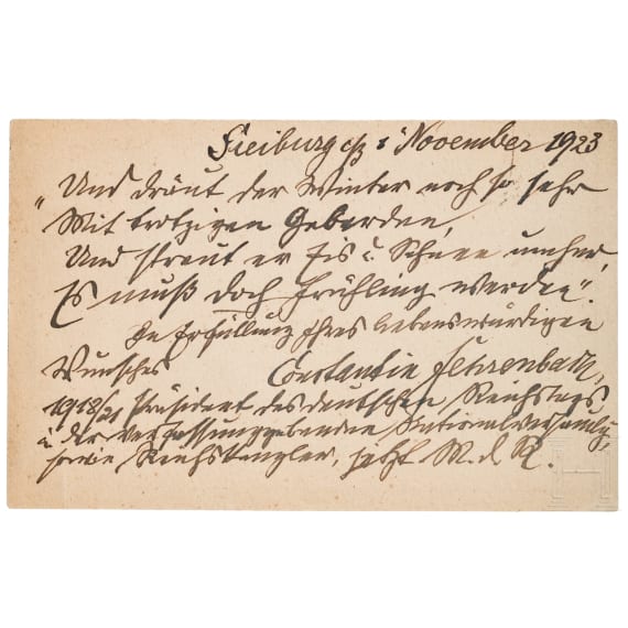 Reichskanzler Constantin Fehrenbach (1852 - 1926) - eigenh&auml;ndig geschriebene Postkarte mit Unterschrift an die Sammlerin 1923