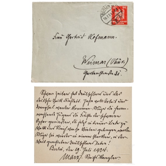 Reichskanzler Wilhelm Marx (1863 - 1946) - eigenh&auml;ndig verfasste Karte mit dem an die Sammlerin adressierten Kuvert 1924