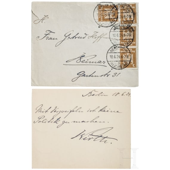 Reichskanzler Joseph Wirth (1879 - 1956) - handgeschriebene und unterzeichnete Karte im an die Sammlerin adressierten Kuvert