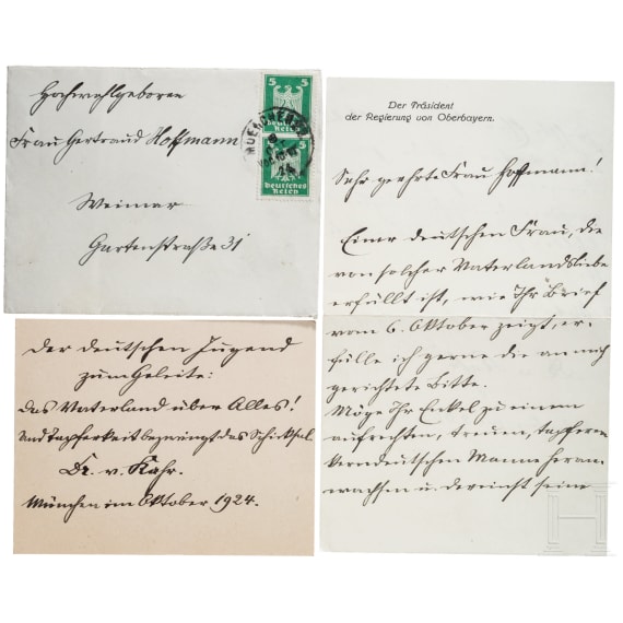 Bayerischer Ministerpr&auml;sident Gustav von Kahr (1862 - 1934) - eigenh&auml;ndiges Schreiben und Karte an die Sammlerin, mit adressiertem Kuvert, 1924