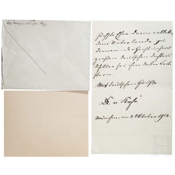 Bayerischer Ministerpr&auml;sident Gustav von Kahr (1862 - 1934) - eigenh&auml;ndiges Schreiben und Karte an die Sammlerin, mit adressiertem Kuvert, 1924