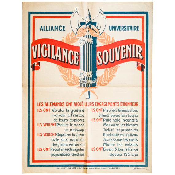 1. Weltkrieg, Plakat "Alliance Universitaire - Vigilance Souvenir"