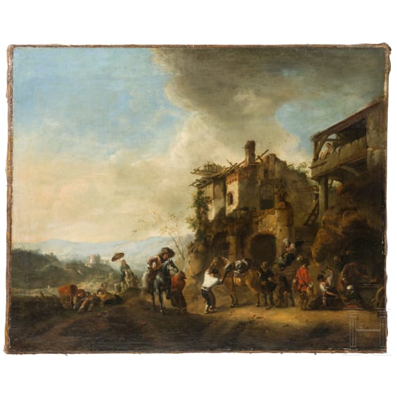 Reiter beim Hufschmied, Philips Wouwerman zugeschrieben, Niederlande, Mitte 17. Jhdt.