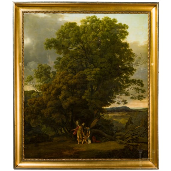 &bdquo;Landschaft mit gefl&uuml;geltem Genius, weiblicher Figur und Kind", Jacob Wilhelm Mechau (1745 Leipzig &ndash; 1808 Dresden), zugeschrieben