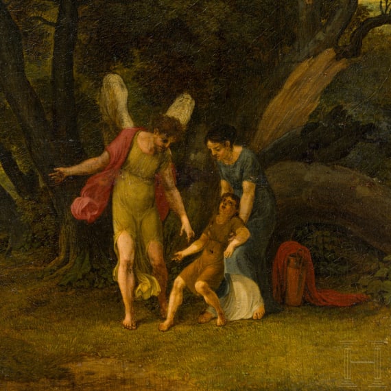 &bdquo;Landschaft mit gefl&uuml;geltem Genius, weiblicher Figur und Kind", Jacob Wilhelm Mechau (1745 Leipzig &ndash; 1808 Dresden), zugeschrieben