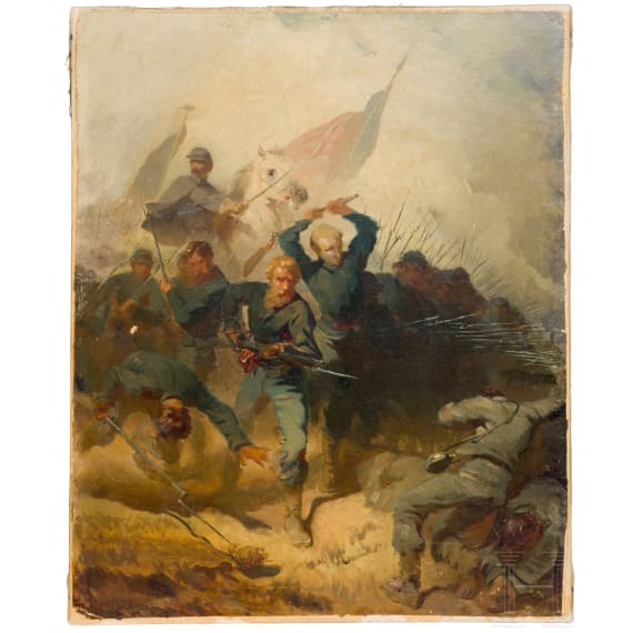 &bdquo;Kampfszene mit Fahnenangriff", Johann Friedrich Engel (Mannheim 1844 &ndash; 1898 M&uuml;nchen), sp&auml;tes 19. Jhdt.