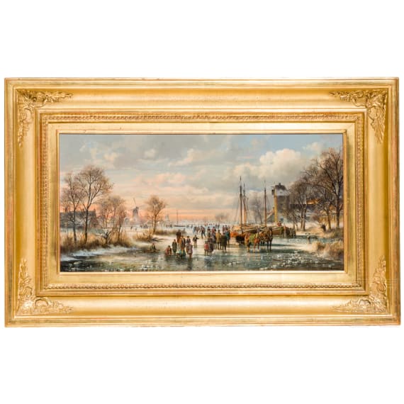 &bdquo;Winterlandschaft mit Schlittschuhl&auml;ufern", Hubert Kaplan (M&uuml;nchen 1940 &ndash; 2024 Egling b. M&uuml;nchen), ca. 1970er&ndash;1980er Jahre