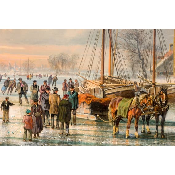 &bdquo;Winterlandschaft mit Schlittschuhl&auml;ufern", Hubert Kaplan (M&uuml;nchen 1940 &ndash; 2024 Egling b. M&uuml;nchen), ca. 1970er&ndash;1980er Jahre
