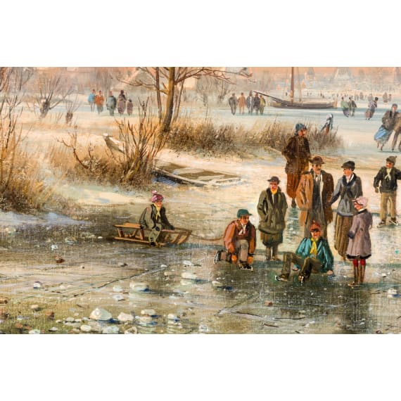 &bdquo;Winterlandschaft mit Schlittschuhl&auml;ufern", Hubert Kaplan (M&uuml;nchen 1940 &ndash; 2024 Egling b. M&uuml;nchen), ca. 1970er&ndash;1980er Jahre