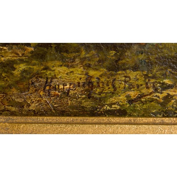 "Waldlandschaft mit Wasserstelle und Rindern", Henri Joseph Harpignies (Valenciennes 1819 &ndash; 1916 Saint-Priv&eacute;) zugeschrieben, sp&auml;tes 19. Jhdt.