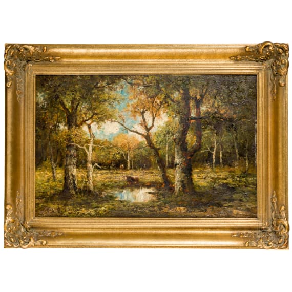 "Waldlandschaft mit Wasserstelle und Rindern", Henri Joseph Harpignies (Valenciennes 1819 &ndash; 1916 Saint-Priv&eacute;) zugeschrieben, sp&auml;tes 19. Jhdt.