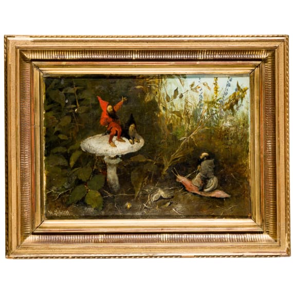 "Dwarfs on mushrooms in a forest landscape", Heinrich Schlitt (Wiesbaden-Biebrich 1849 &ndash; Munich 1923), 1880, oil on wooden panel