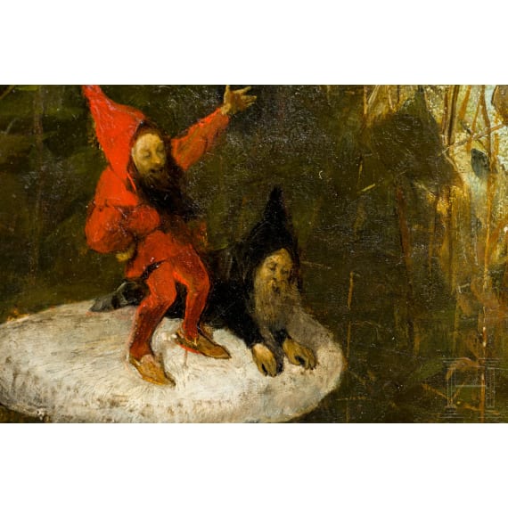 "Dwarfs on mushrooms in a forest landscape", Heinrich Schlitt (Wiesbaden-Biebrich 1849 &ndash; Munich 1923), 1880, oil on wooden panel