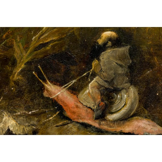 "Dwarfs on mushrooms in a forest landscape", Heinrich Schlitt (Wiesbaden-Biebrich 1849 &ndash; Munich 1923), 1880, oil on wooden panel