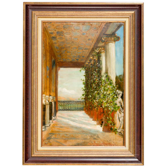 "Korfus &ndash; Achilleion / In der griechischen Dichterhalle", Hermione von Preuschen (Graz 1854 &ndash; 1918 Berlin), circa 1895&ndash;1910, oil on cardboard panel