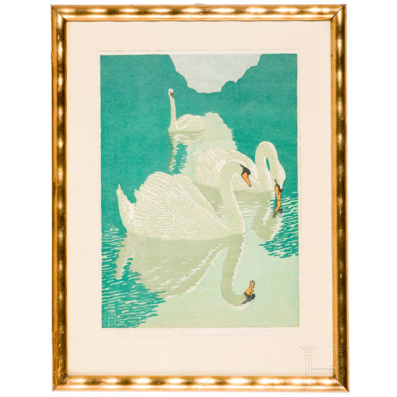 &ldquo;Swans&rdquo;, Carl Theodor Thiemann (1860 Karlsruhe&ndash;1932 Dachau), circa 1900&ndash;1915, colour woodcut on paper