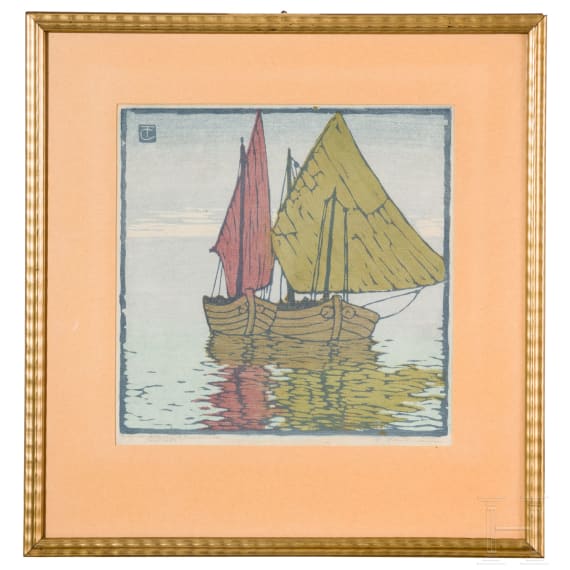 "Sailing Boats", Carl Theodor Thiemann (Karlsbad 1881 &ndash; 1966 Deutenhofen), 1910, colour woodcut on laid paper