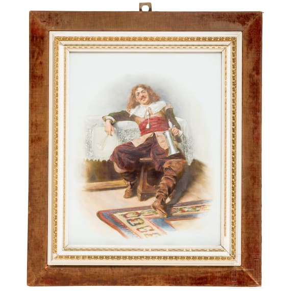 Two painted porcelain plaques &ldquo;Gentleman with tankard&rdquo; and &ldquo;The smoker&rdquo;, attributed to Albert Friedrich Schr&ouml;der (Dresden 1854 &ndash; 1939 Munich), circa 1900