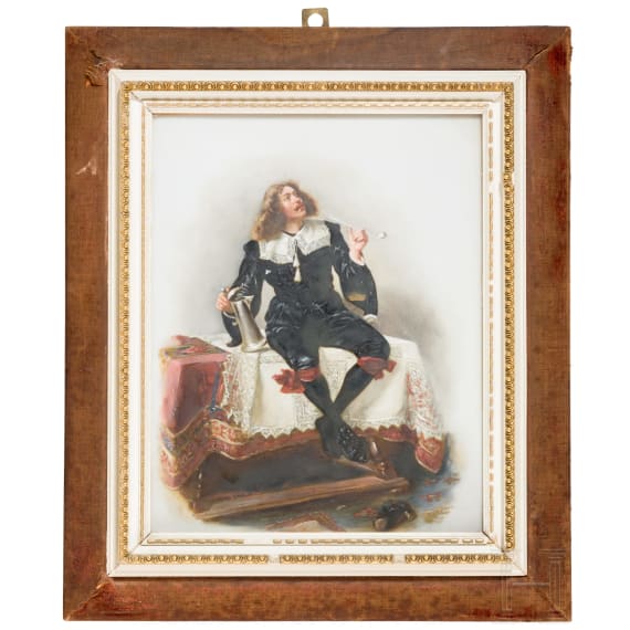 Two painted porcelain plaques &ldquo;Gentleman with tankard&rdquo; and &ldquo;The smoker&rdquo;, attributed to Albert Friedrich Schr&ouml;der (Dresden 1854 &ndash; 1939 Munich), circa 1900