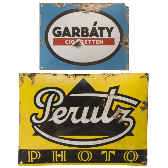 Two enamel signs "Perutz Photo" and "Garbaty Cigaretten", 1920s