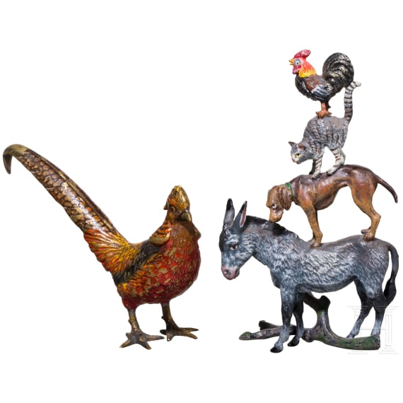 Two Vienna bronze miniatures: &ldquo;Town Musicians of Bremen&rdquo;, Fritz Bermann (Vienna, active circa 1900) und &ldquo;Pheasant&rdquo;, Anonymous, circa 1900