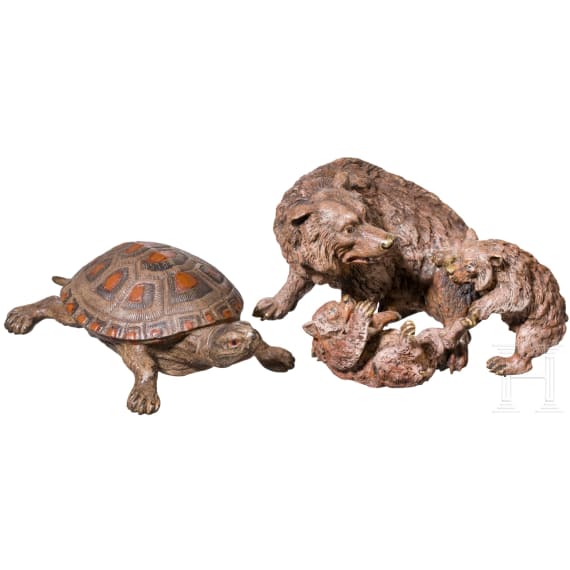 "Tortoise", Franz Xaver Bergmann (Vienna 1861 &ndash; 1936 Vienna); "Wolf group with cubs", Stefan Buchinger (Vienna, active circa 1900), circa 1900, polychrome cold-painted bronzes