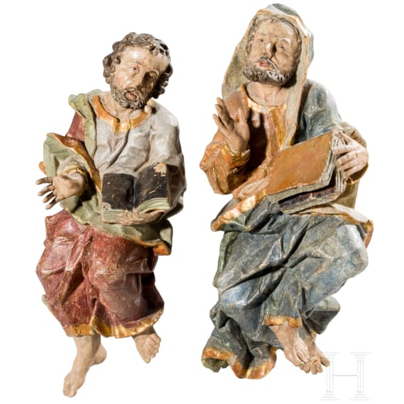 Two wooden Apostle figures with book, Anonymous, probably Southern German/Alpine region, late 17th to 18th century