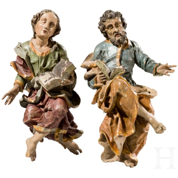 Two wooden Apostle figures with book, Anonymous, probably Southern German/Alpine region, late 17th to 18th century