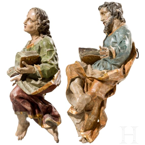 Two wooden Apostle figures with book, Anonymous, probably Southern German/Alpine region, late 17th to 18th century