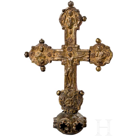 A large gilt-copper-mounted wood processional cross, Italy, circa 1500