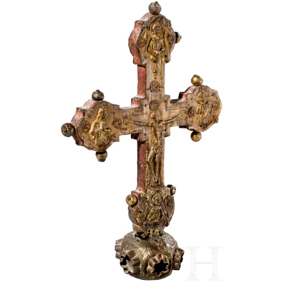 A large gilt-copper-mounted wood processional cross, Italy, circa 1500