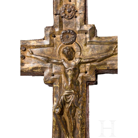 A large gilt-copper-mounted wood processional cross, Italy, circa 1500