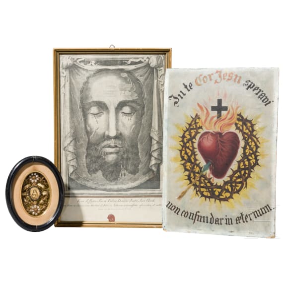 A group of religious works (convent work; Sacred Heart votive image; engraving of the Holy Face of Christ), probably France/Italy, 19th century
