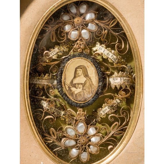 A group of religious works (convent work; Sacred Heart votive image; engraving of the Holy Face of Christ), probably France/Italy, 19th century
