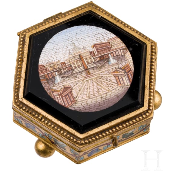 A brass and micro-mosaic lidded box depicting Piazza San Pietro, Cesare Roccheggiani (Rome), circa 1870&ndash;1880