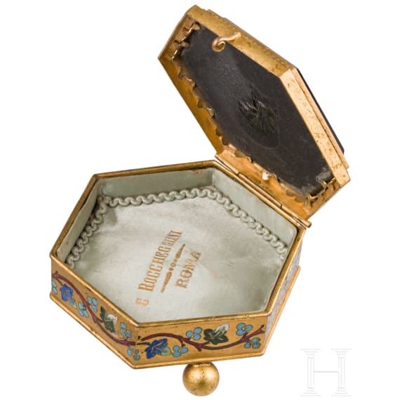 A brass and micro-mosaic lidded box depicting Piazza San Pietro, Cesare Roccheggiani (Rome), circa 1870&ndash;1880