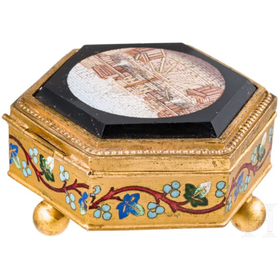 A brass and micro-mosaic lidded box depicting Piazza San Pietro, Cesare Roccheggiani (Rome), circa 1870&ndash;1880