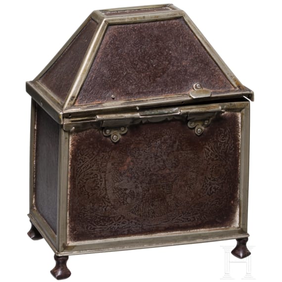 A french iron casket with etched decor, 19th century