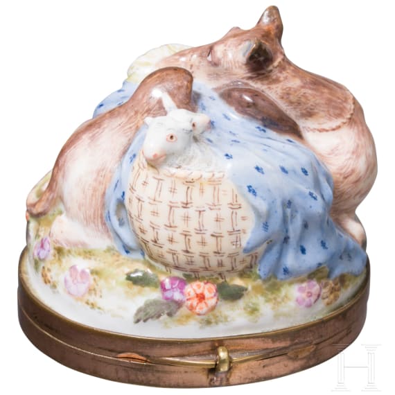 A camel and two lambs in a basket -shaped brass-mounted porcelain and enamel snuff box, probably Chelsea Porcelain Factory, late 18th century