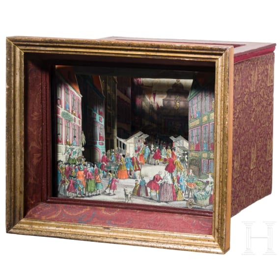 Fairground diorama, five etchings after Jeremias Wachsmuth, by Martin Engelbrecht, circa 1740/50, peep box