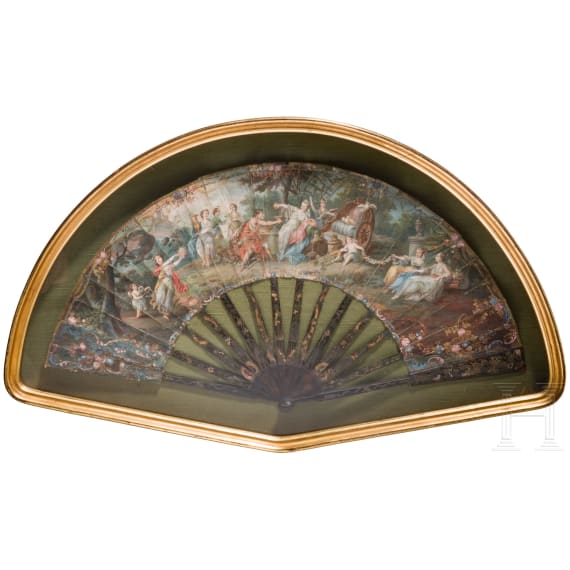 Folding pli&eacute; fan with a folded paper leaf, probably French, late 18th century
