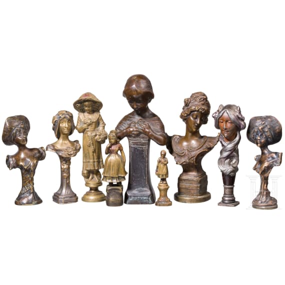 Nine bronze desk seals with Art Nouveau female figures, probably France and Central Europe, circa 1900